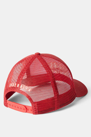The RM Williams Steers Head Trucker Cap features a breathable red mesh design and an adjustable strap where "Australia" is embroidered. Its solid red front panel and brim contrast elegantly against the plain white backdrop, making it ideal for sunny days.