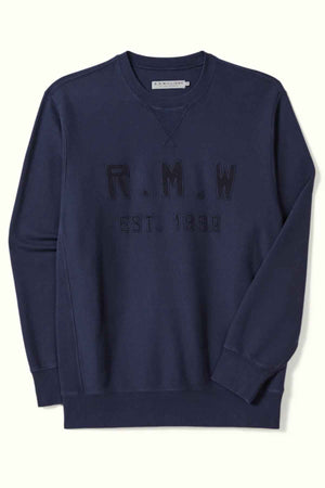RM Williams Stencil Crewneck Sweatshirt in the colour Midnight. Front angle of jumper
