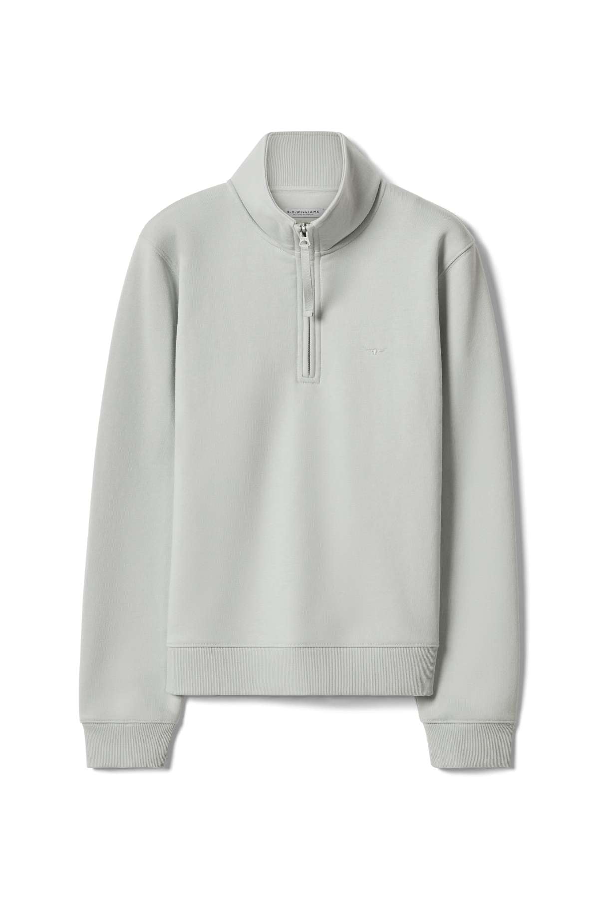 The RM Williams Trickett 1/4 Zip Sweatshirt is a light gray, long-sleeve pullover featuring a half-zip front and stand collar, shown on a plain white background.