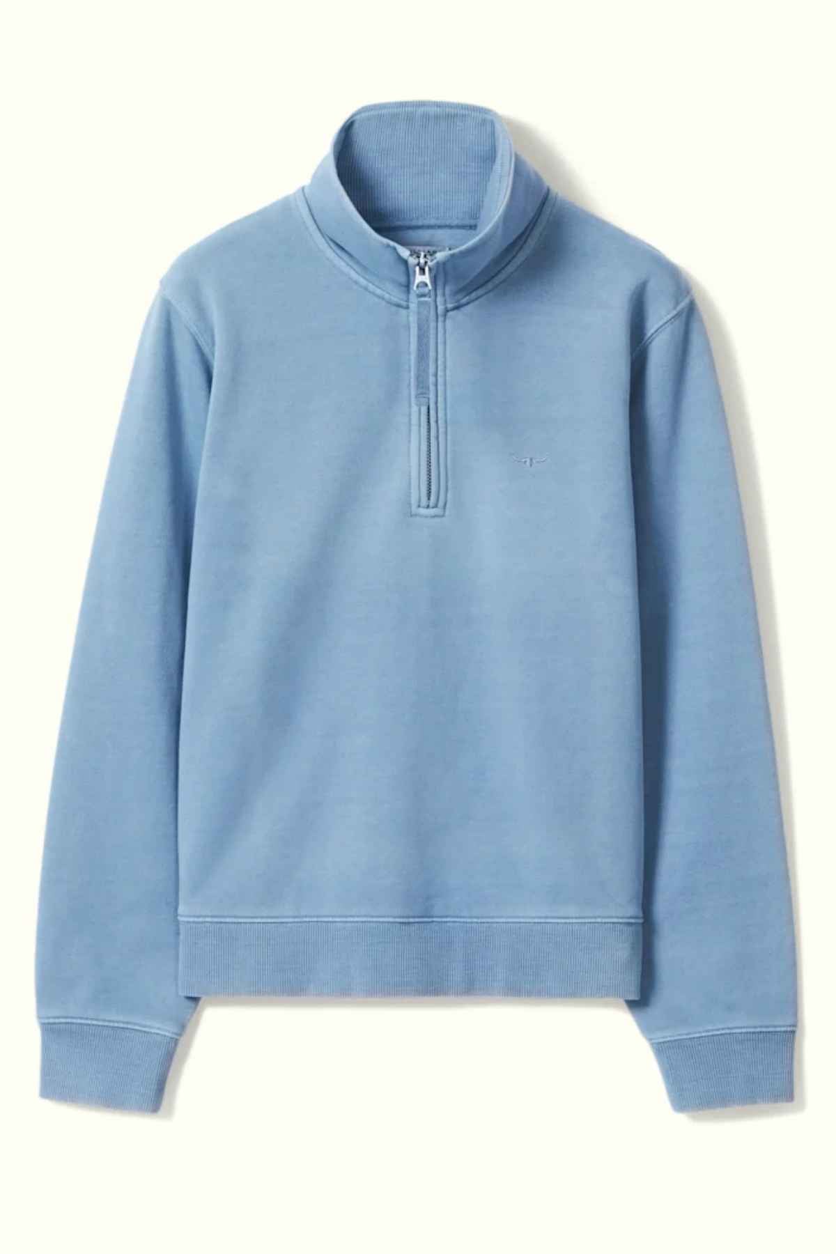 RM Williams Trickett 1/4 Zip Sweatshirt in the colour Mid Blue. Front view of jumper
