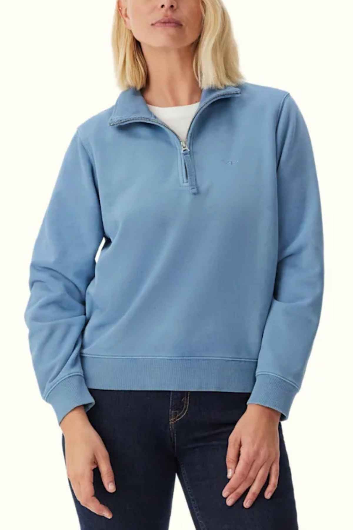 RM Williams Trickett 1/4 Zip Sweatshirt in the colour Mid Blue. Front view of model wearing jumper