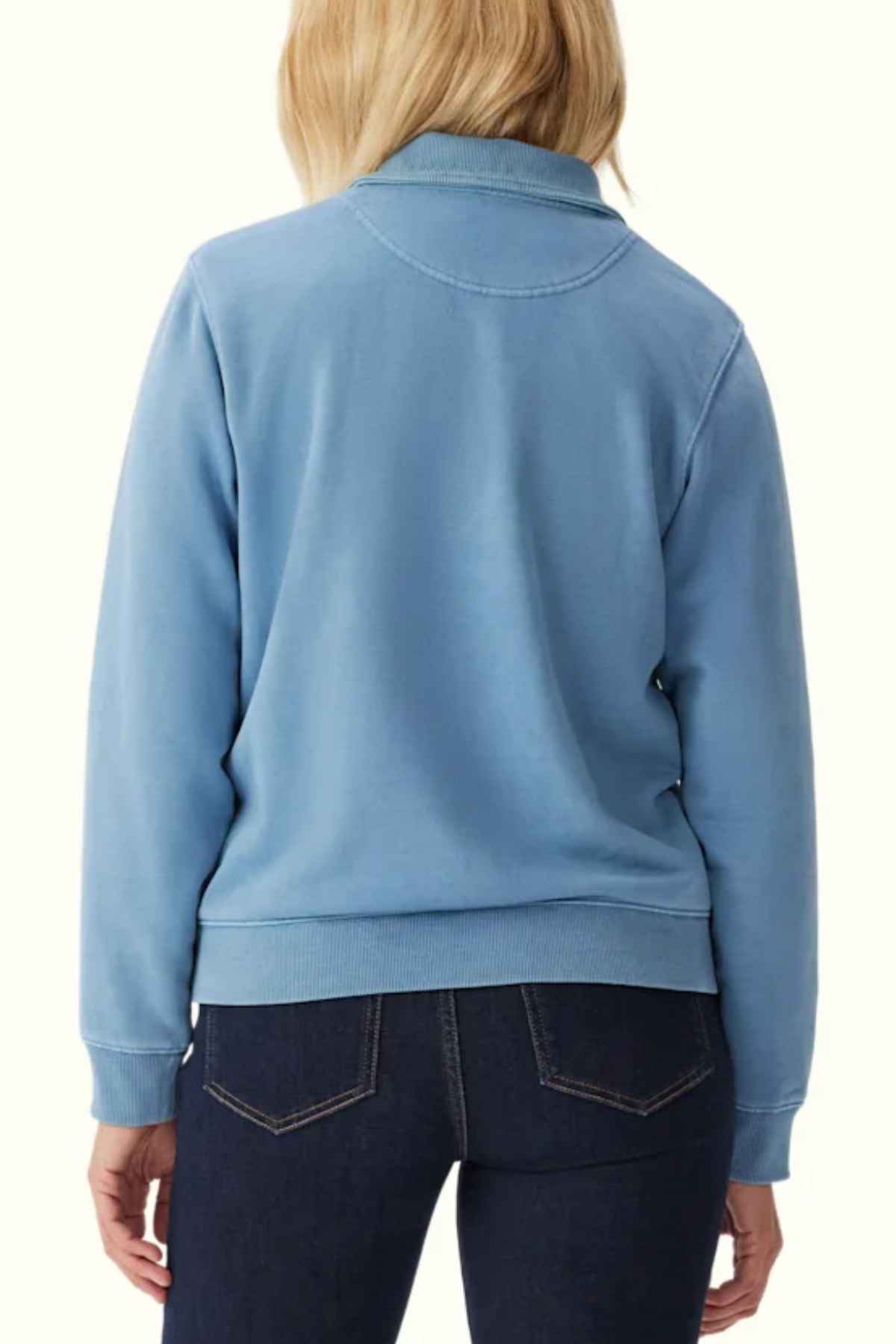 RM Williams Trickett 1/4 Zip Sweatshirt in the colour Mid Blue. Back view of model wearing jumper