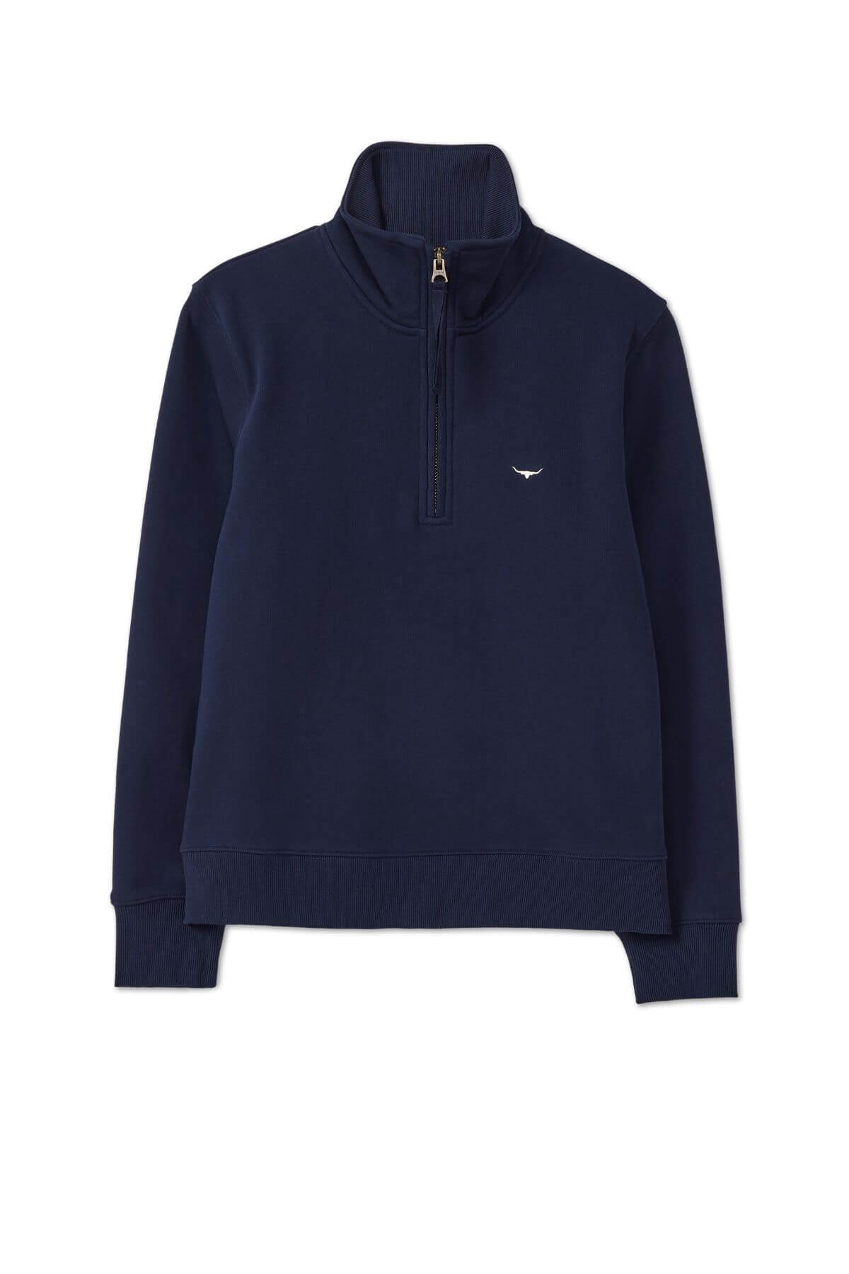 The RM Williams Trickett Zip Neck Sweatshirt is navy blue, crafted from soft cotton terry with a high collar, long sleeves, ribbed cuffs, and a small white embroidered logo on the left chest.
