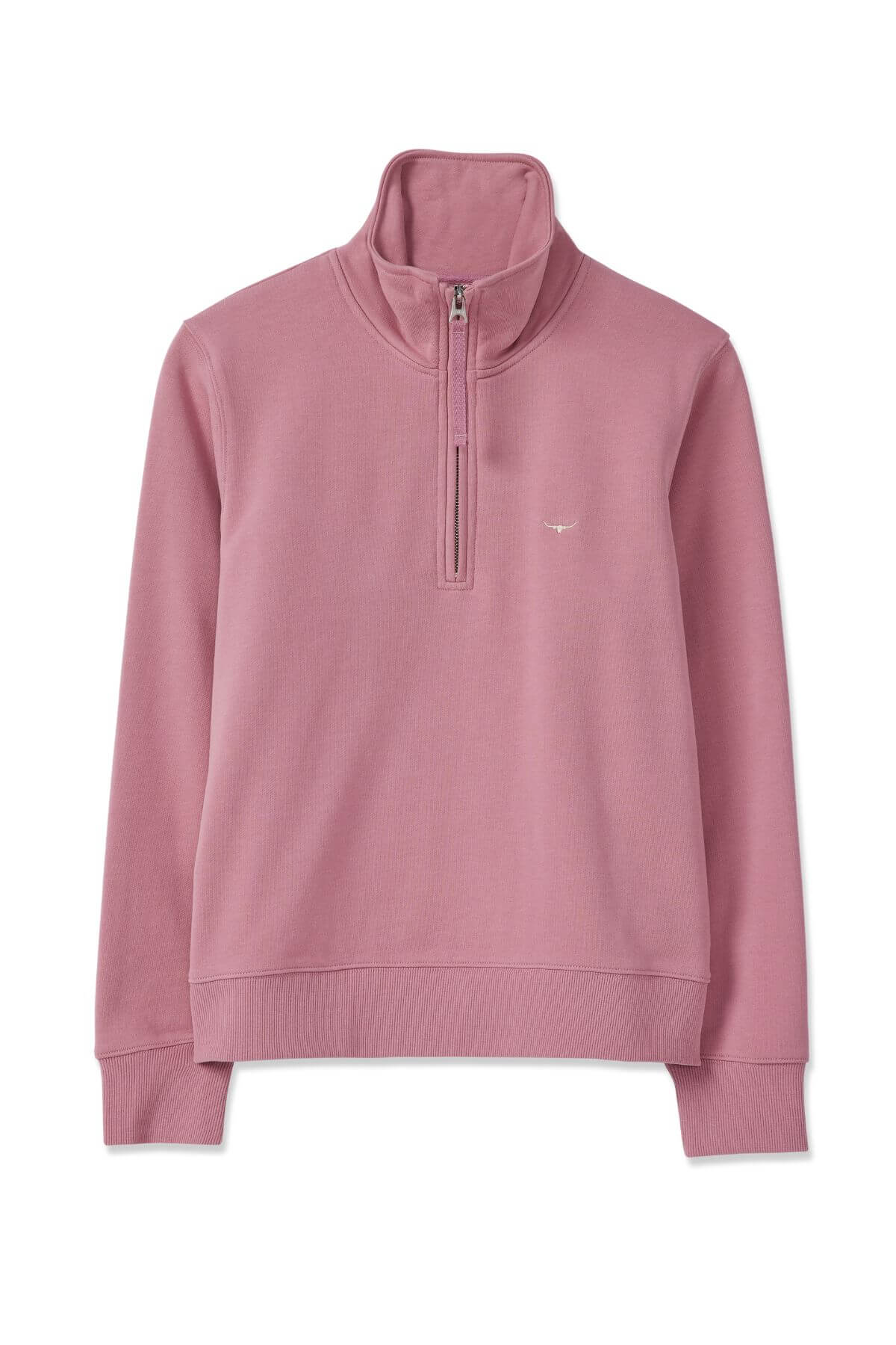 The RM Williams Trickett Sweatshirt in pink features a half-zip collar, long sleeves, and is made from soft loop back cotton terry. It has ribbed cuffs and hem with a subtle longhorn embroidery on the left chest.