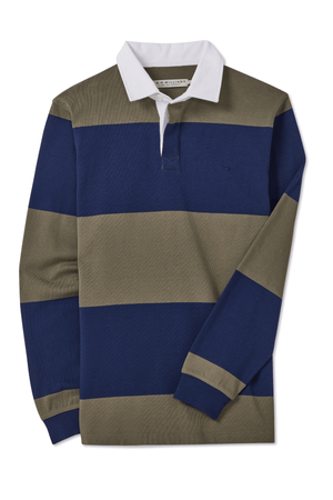 The RM Williams Tweedale Rugby is a long-sleeved heavyweight jersey shirt with wide navy and olive stripes, featuring a white collar, two-button placket, and subtle longhorn embroidery.