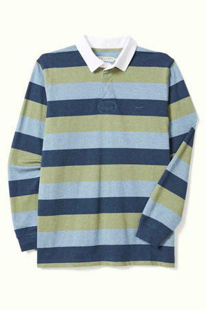 RM Williams Tweedale Rugby in the colour Blue/Green. Front view of rugby.