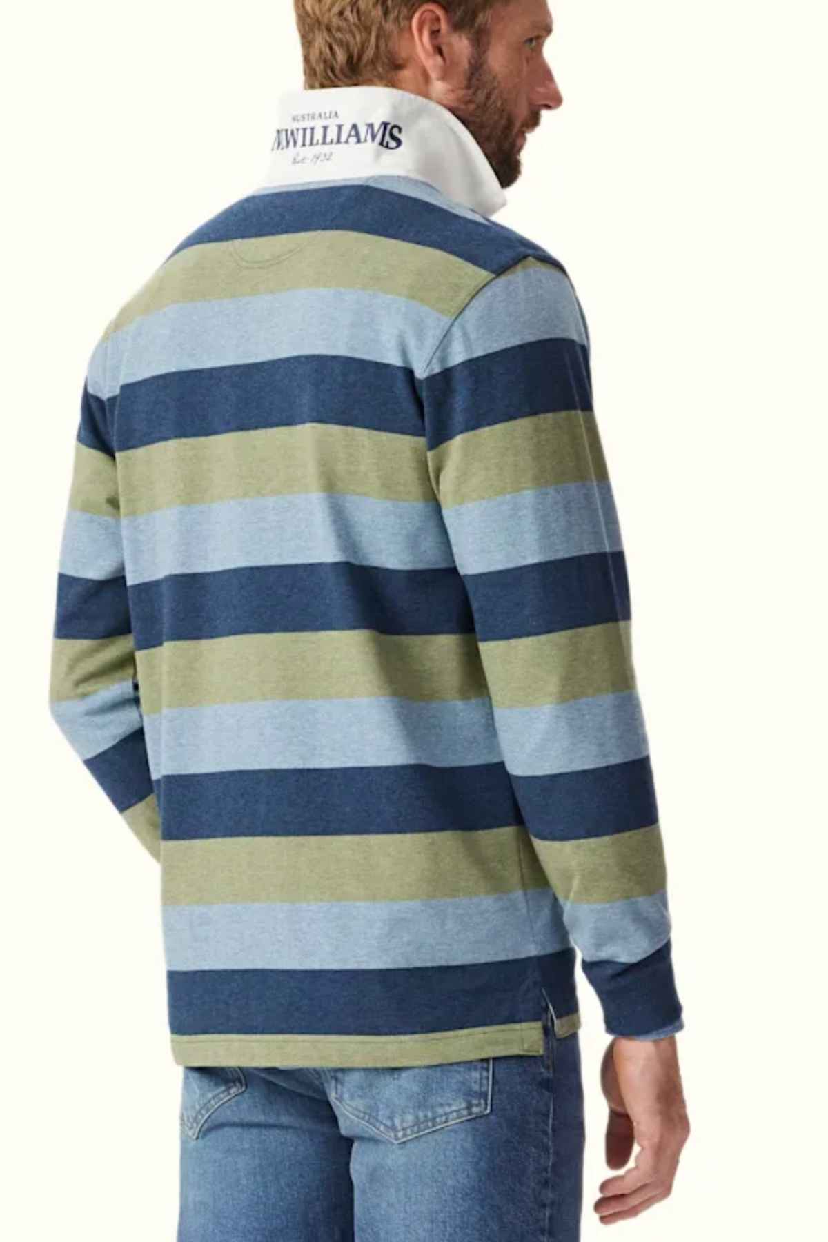 RM Williams Tweedale Rugby in the colour Blue/Green. Back view of model wearing rugby.