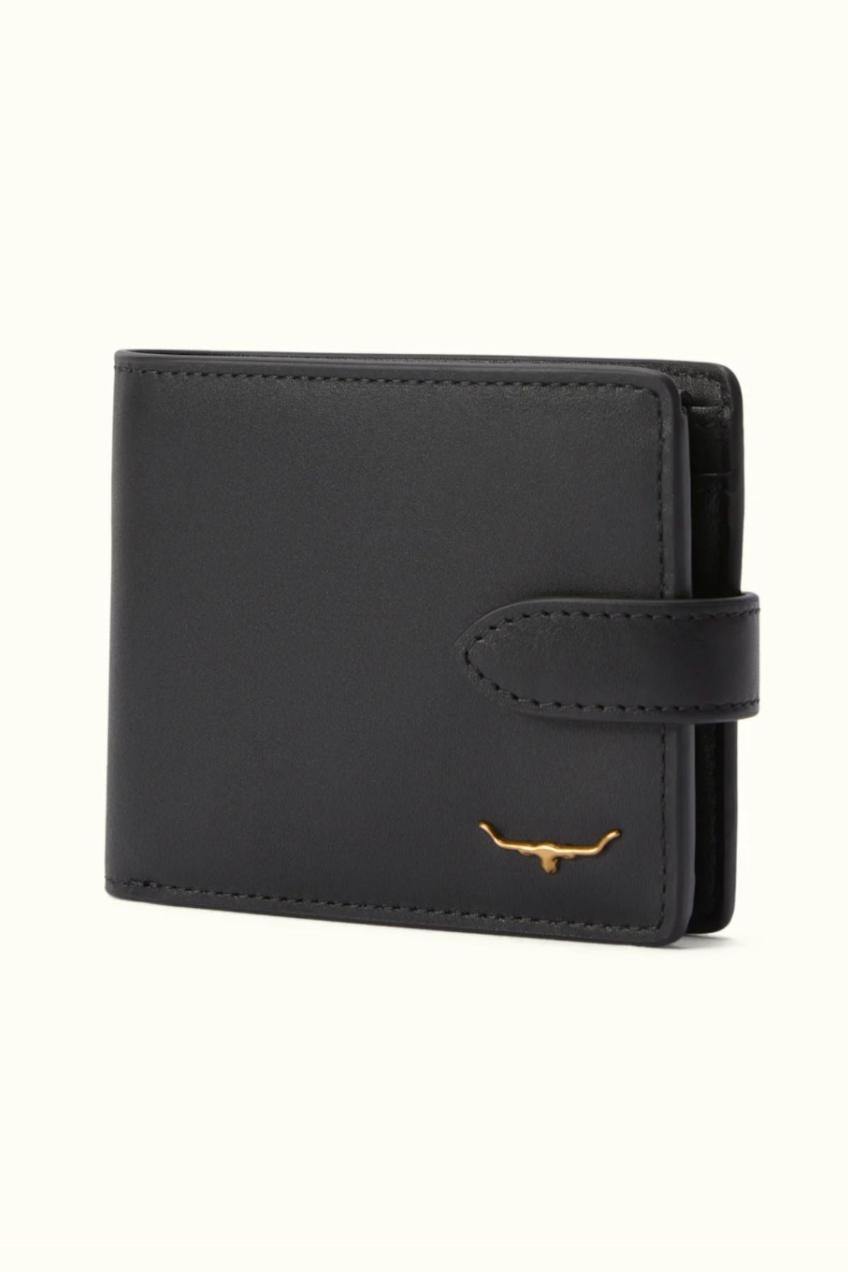 The RM Williams Wallet with Pocket and Tab is a black leather wallet featuring a snap closure and a small gold longhorn emblem in the lower right corner, displayed against a plain, light background.