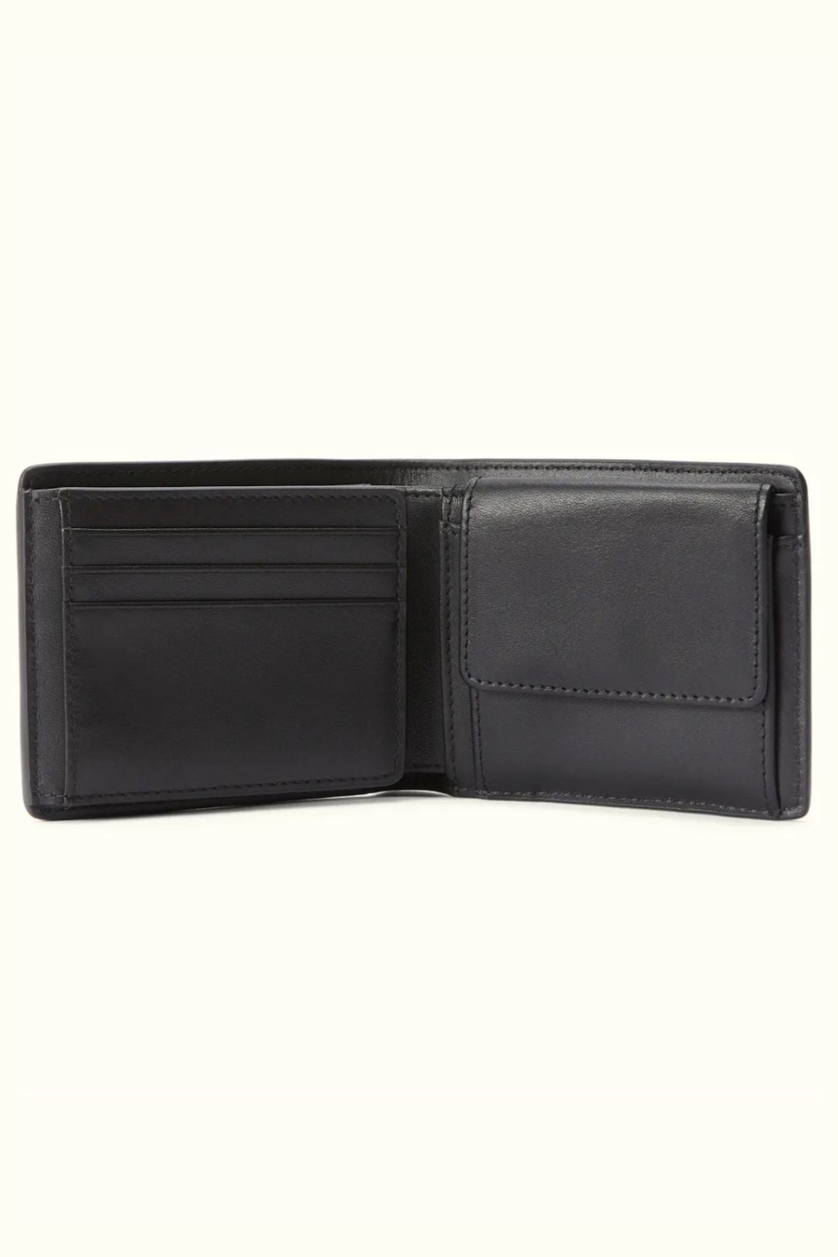 An open RM Williams Wallet with Pocket and Tab, crafted from fine Australian leather, is displayed on a plain light background, showing card slots on the left and a flap coin pouch on the right.