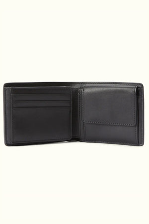 An open RM Williams Wallet with Pocket and Tab, crafted from fine Australian leather, is displayed on a plain light background, showing card slots on the left and a flap coin pouch on the right.