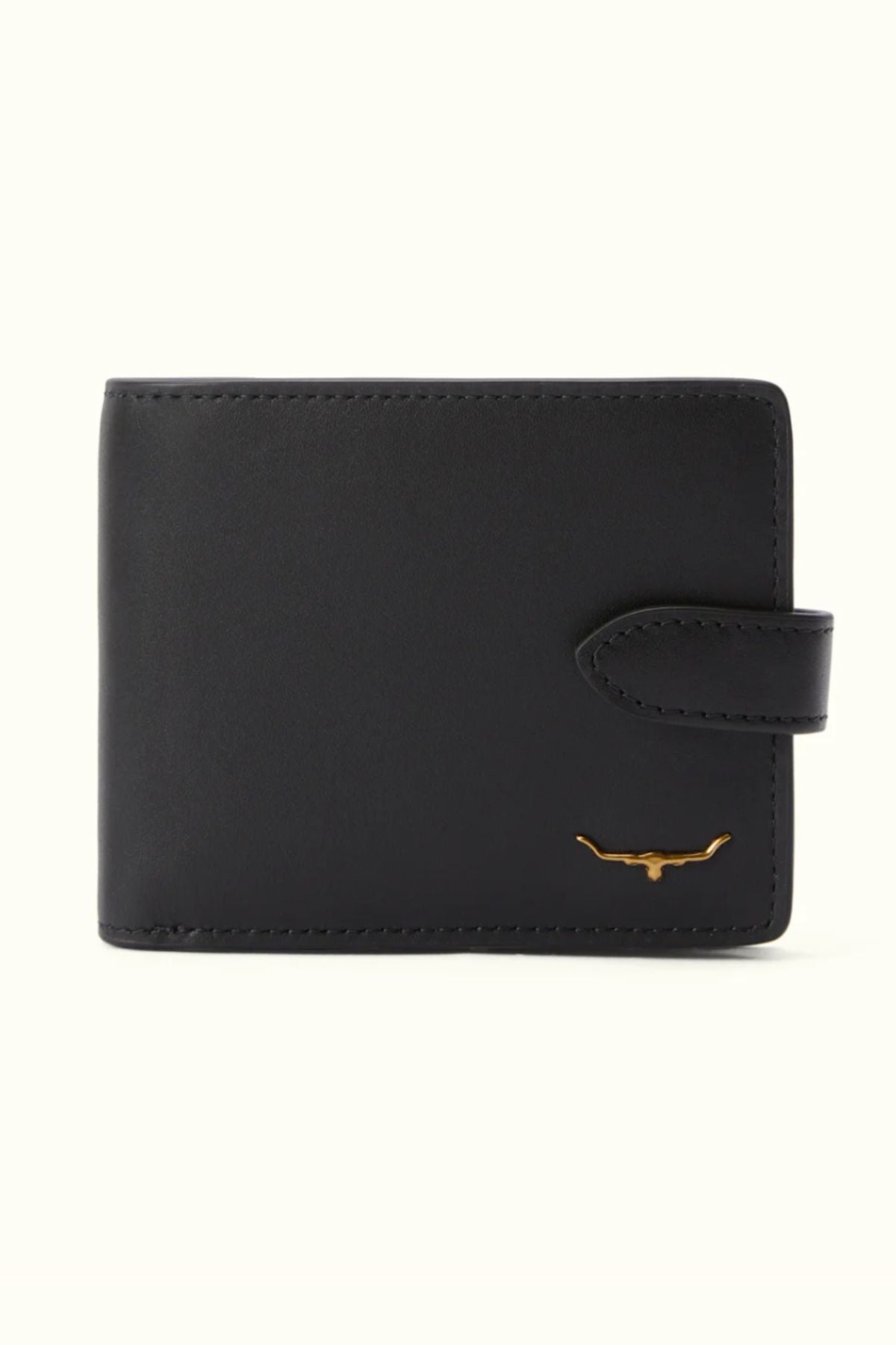 The RM Williams Wallet with Pocket and Tab is a black wallet made from premium yearling leather, featuring a snap closure and a gold longhorn emblem in the bottom right corner. Shown on an off-white background.