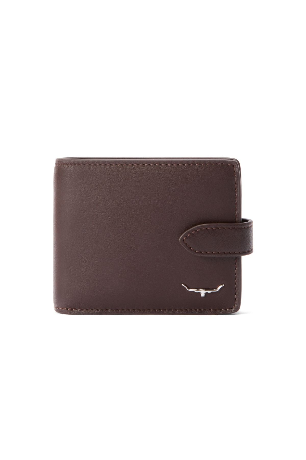 The RM Williams Wallet with Pocket and Tab is a closed full-grain leather wallet featuring a right-side strap and a small silver bull horn emblem in the bottom right corner, displayed against a plain white background.