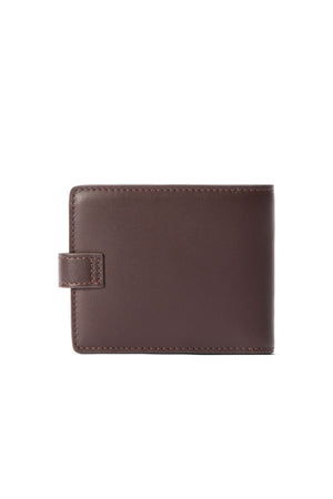The RM Williams Wallet with Pocket and Tab is a closed, full-grain leather wallet featuring a stitched border and a small snap closure tab on the left, shown against a plain white background.