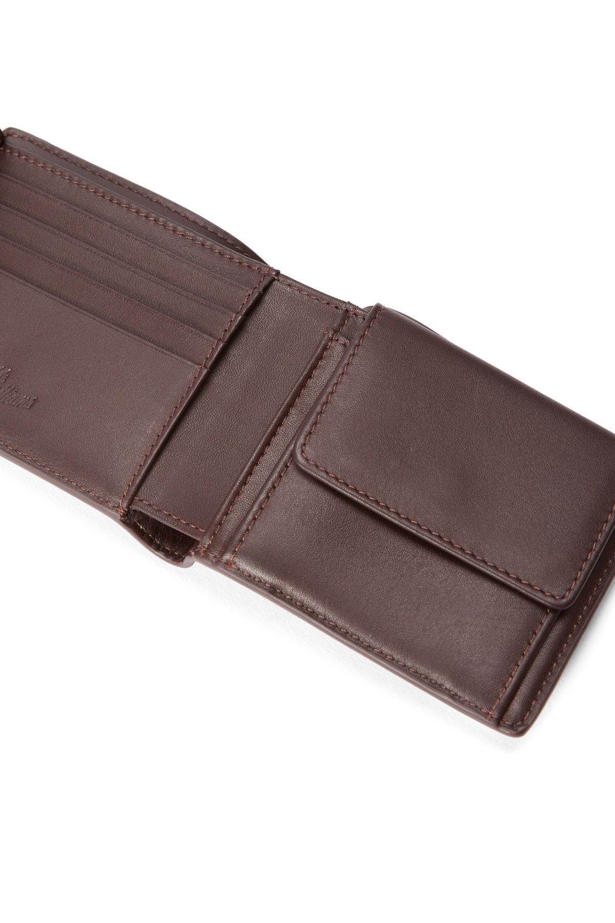The RM Williams Wallet with Pocket and Tab, crafted from brown full-grain leather, features multiple card slots on the left and a flap coin pocket on the right, highlighted by visible edge stitching for added style.