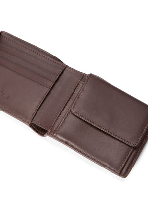 The RM Williams Wallet with Pocket and Tab, crafted from brown full-grain leather, features multiple card slots on the left and a flap coin pocket on the right, highlighted by visible edge stitching for added style.