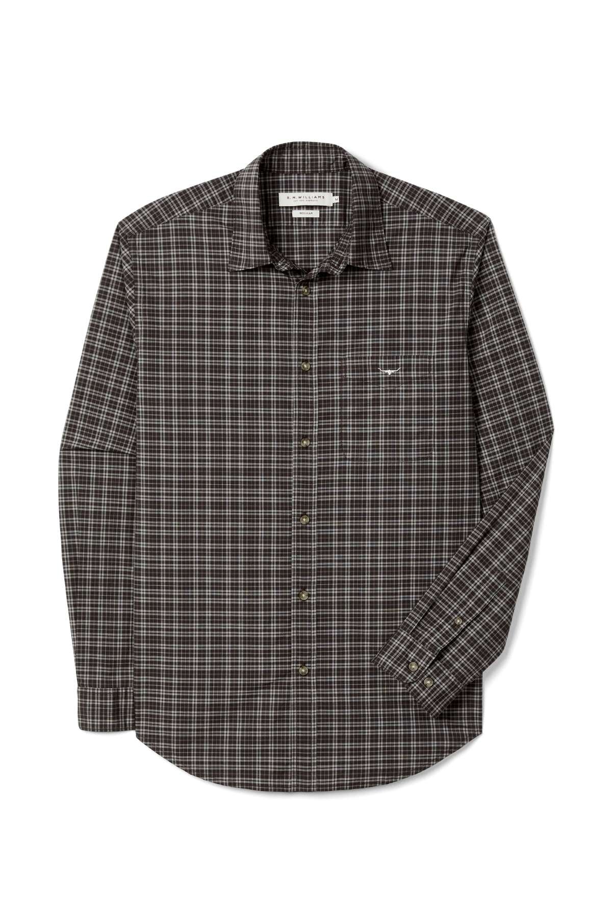 The RM Williams Warrah Poplin Check Shirt is a long-sleeve button-up with a brown, black, and white plaid pattern, pointed collar, and chest pocket, shown on a white background.