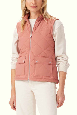 RM Williams Willippa Vest in the colour Rose. Front angle of model wearing vest