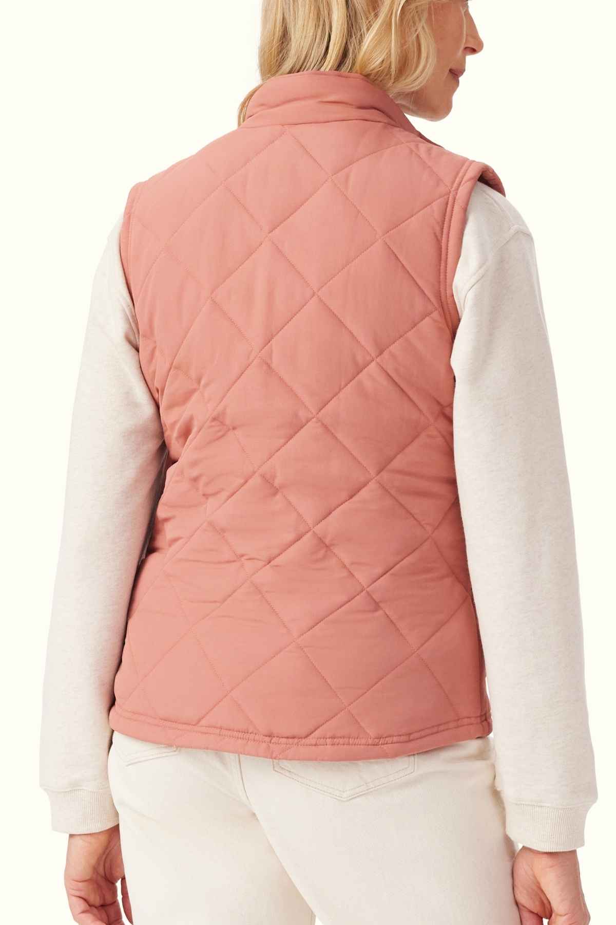RM Williams Willippa Vest in the colour Rose. Back angle of model wearing vest