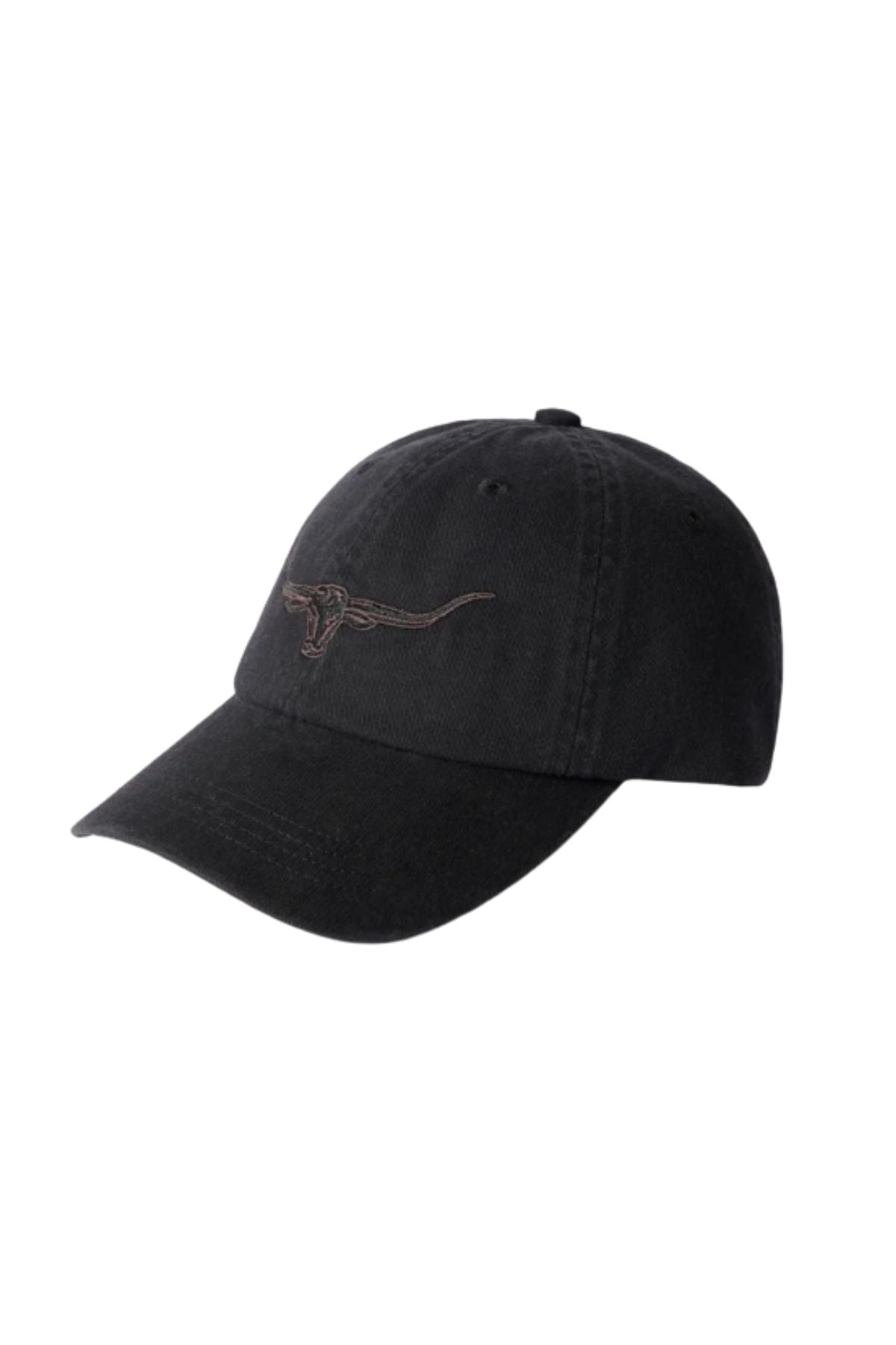 The RM Williams Longhorn Twill Cap is a black organic cotton cap with an embroidered Longhorn outline on the front and an adjustable strap for comfort.
