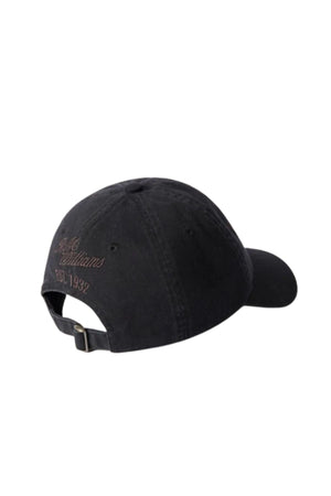 A black RM Williams Longhorn Twill Cap seen from the back, with an adjustable strap and dark embroidered "Polo Williams Est. 1932" text. Made from organic cotton.