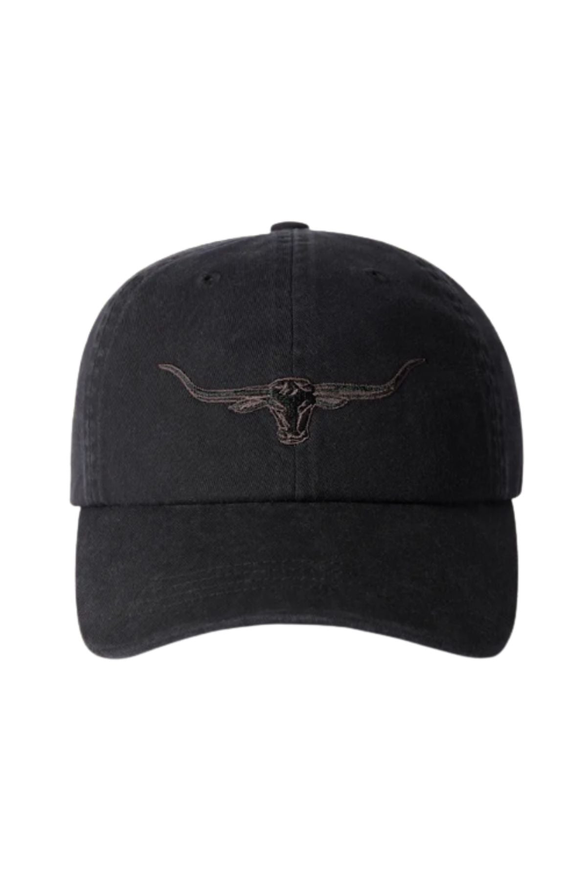 The RM Williams Longhorn Twill Cap is a black organic cotton cap featuring an embroidered Longhorn skull outline on the front and an adjustable strap for a comfortable fit.