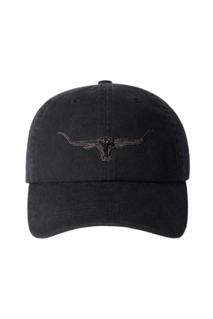 The RM Williams Longhorn Twill Cap is a black organic cotton cap featuring an embroidered Longhorn skull outline on the front and an adjustable strap for a comfortable fit.