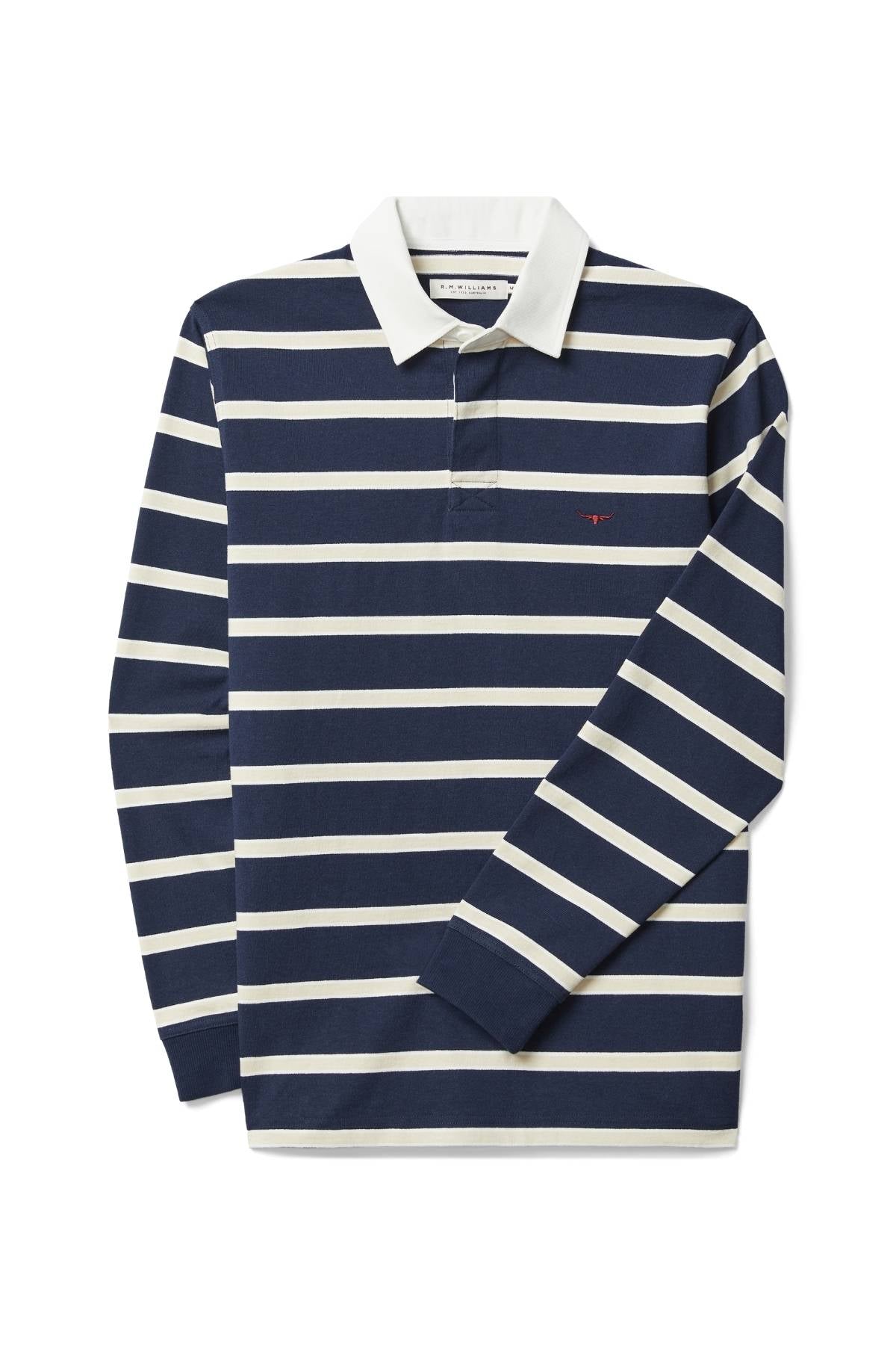 The RM Williams Brunswick Rugby is a navy blue long-sleeve shirt with white stripes, a twill collar, and made from heavyweight brushed cotton, shown against a plain background.