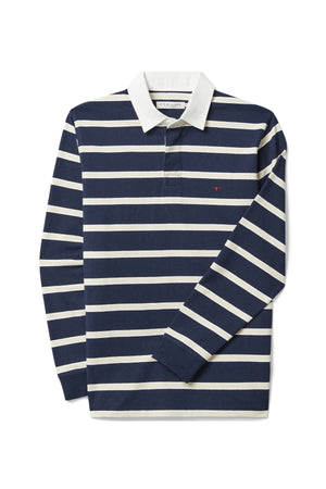 The RM Williams Brunswick Rugby is a navy blue long-sleeve shirt with white stripes, a twill collar, and made from heavyweight brushed cotton, shown against a plain background.