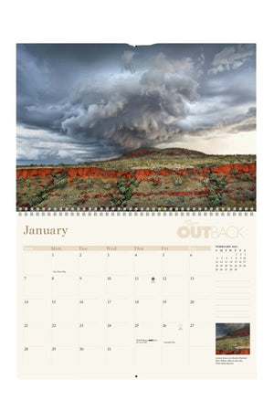 The RM Williams Outback Calendar 2024 showcases a stunning storm cloud over a red dirt landscape by a leading Australian rural photographer. It includes day squares for planning and a mini February calendar, with "Outback" tastefully integrated into the design.