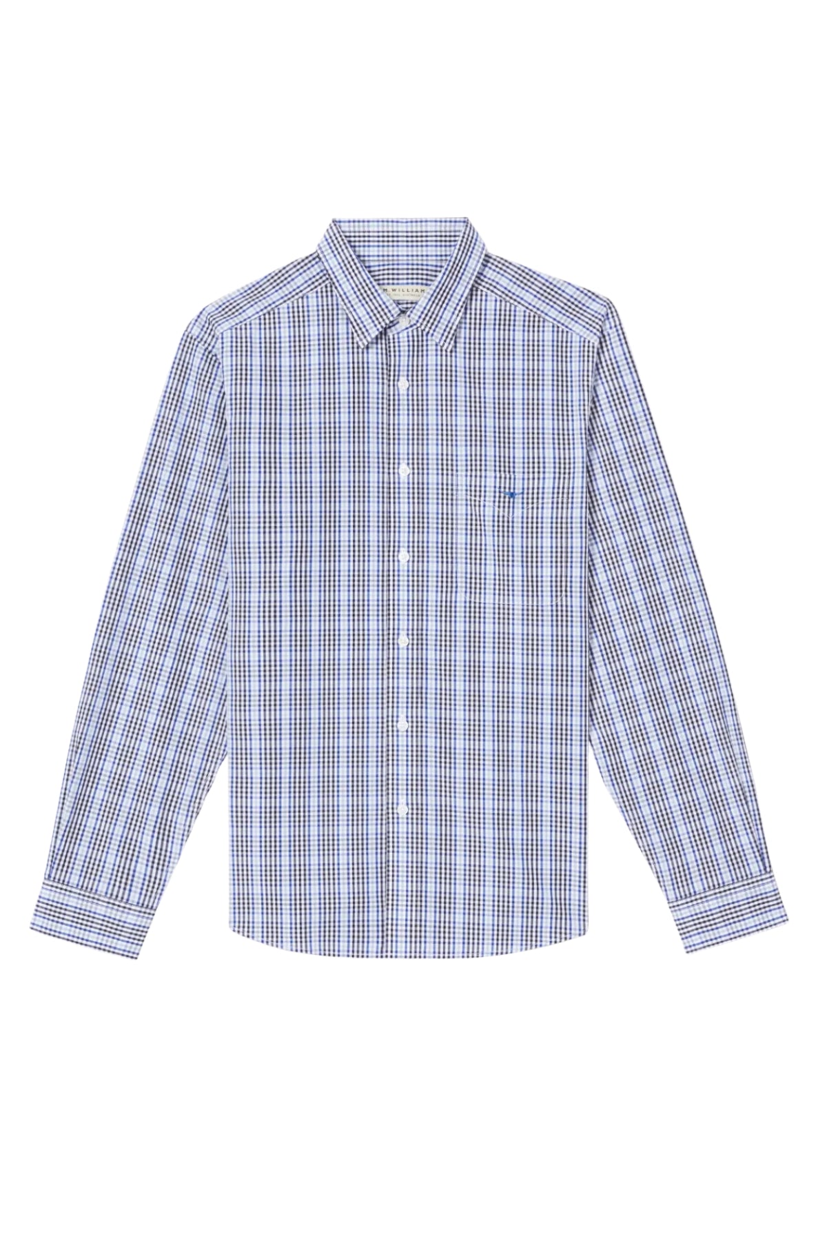 The RM Williams Collins Shirt is a long-sleeved, button-down made from twill cotton, featuring a white, blue, and black plaid pattern. It includes a collar and a left chest pocket for convenience.