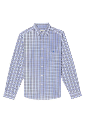 The RM Williams Collins Shirt is a long-sleeved, button-down made from twill cotton, featuring a white, blue, and black plaid pattern. It includes a collar and a left chest pocket for convenience.