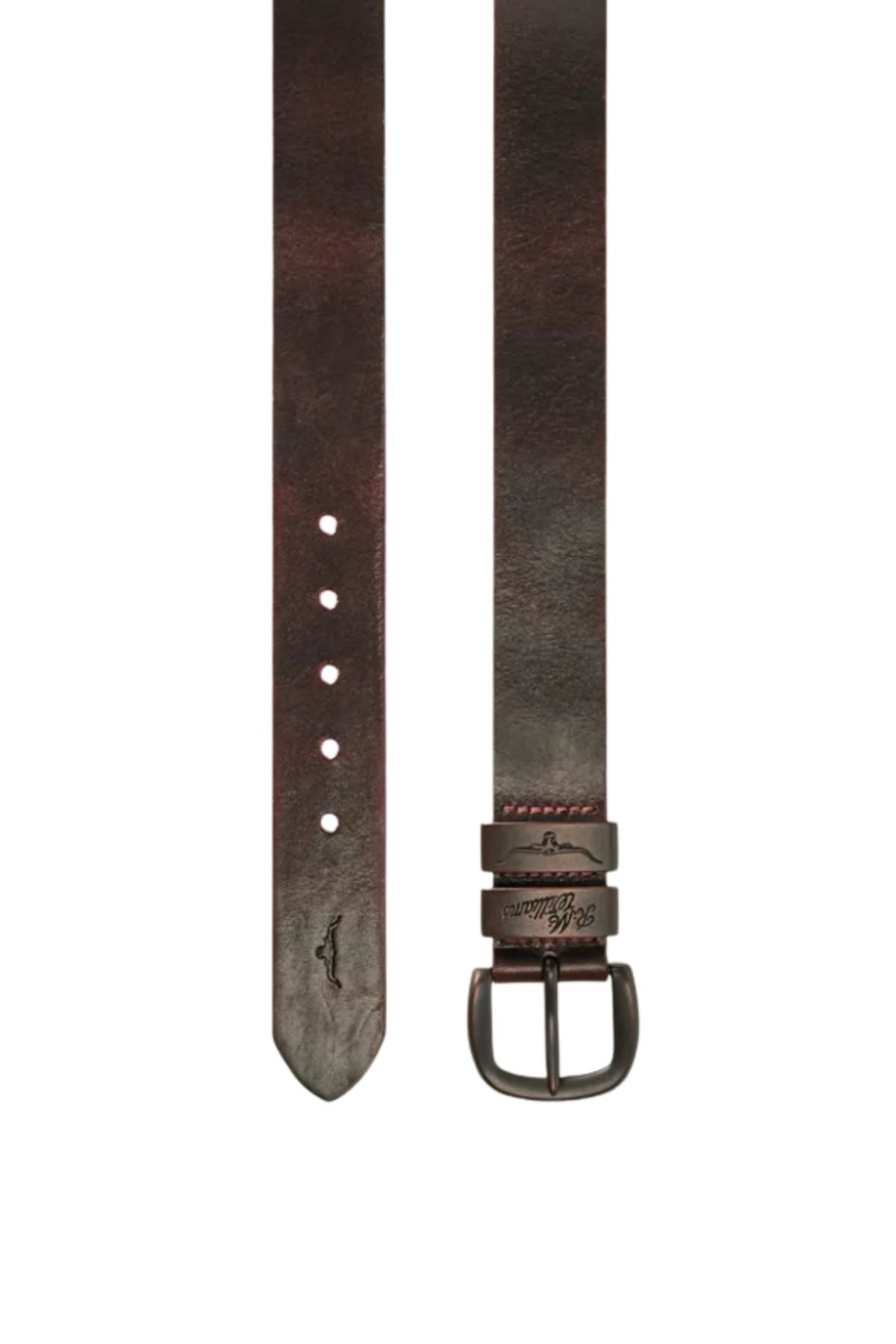 The RM Williams Drover Belt is crafted from brown vegetable-tanned leather, featuring a silver buckle, multiple adjustment holes, and a small embossed alligator logo near its pointed end.