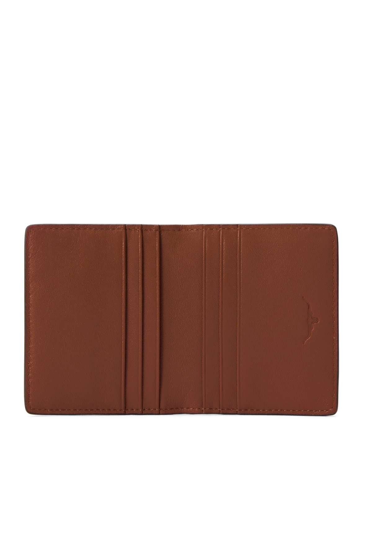 The RM Williams Farrier Fold Cardholder is shown open, featuring full grain leather, four visible card slots, and a subtle embossed logo on the right, displayed empty against a plain white background.