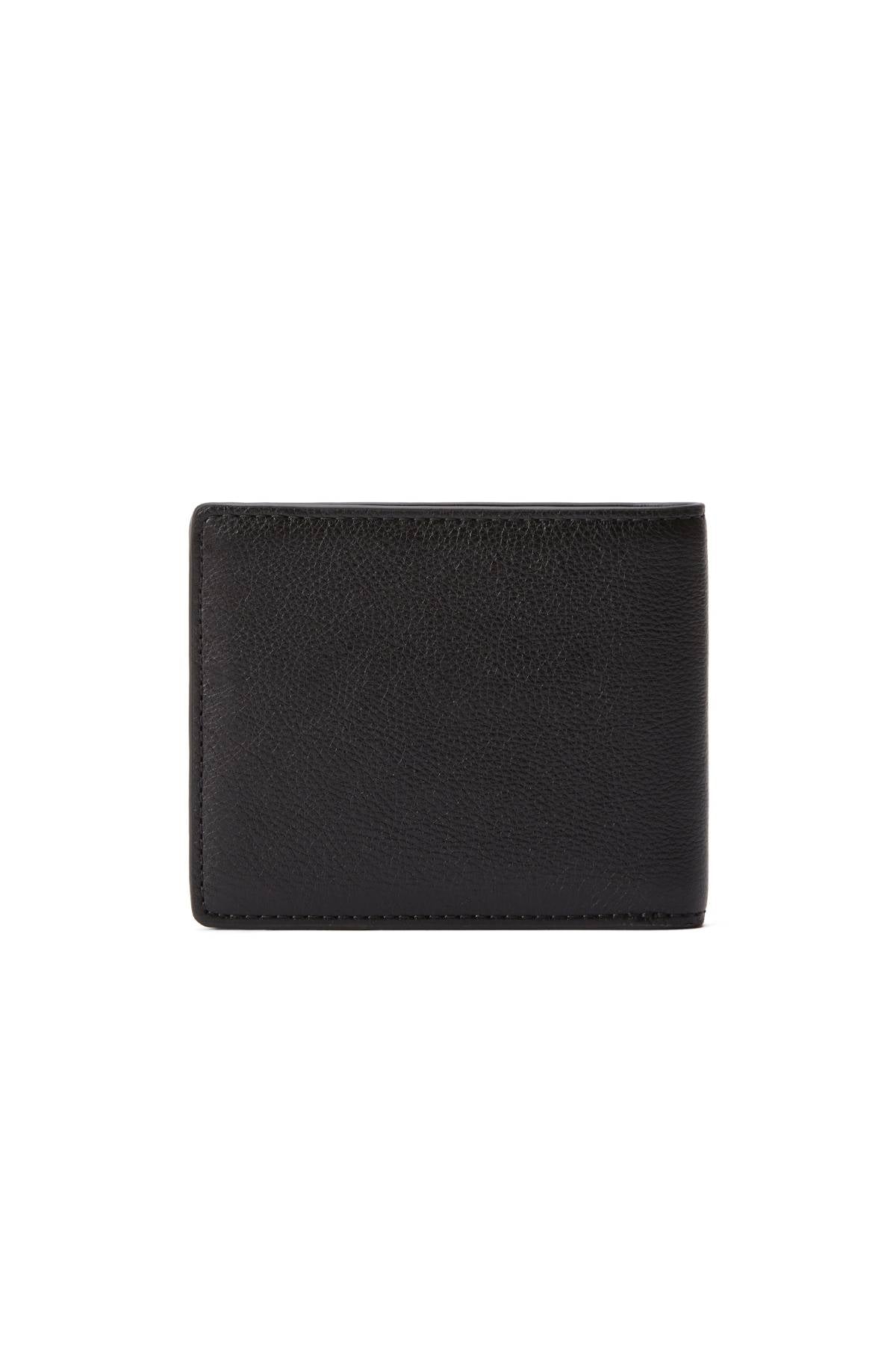 The RM Williams Farrier Slim Bi Fold Wallet is a closed, black leather wallet with a minimalist design and card slots, displayed on a plain white background.