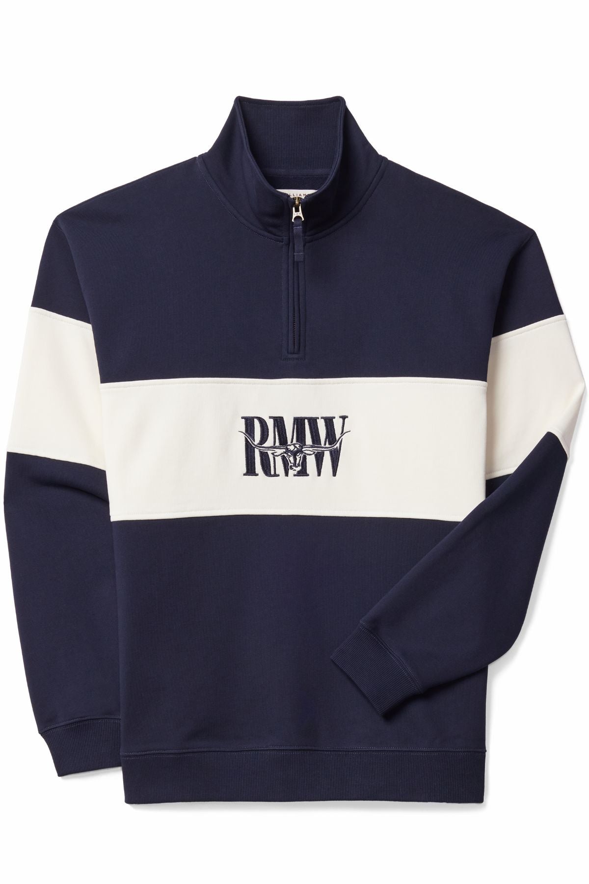 The RM Williams Heritage 1/4 Zip Sweatshirt is a navy blue and white organic cotton pullover, featuring a white chest stripe and the classic "RMW" heritage logo embroidered in black on the front center.