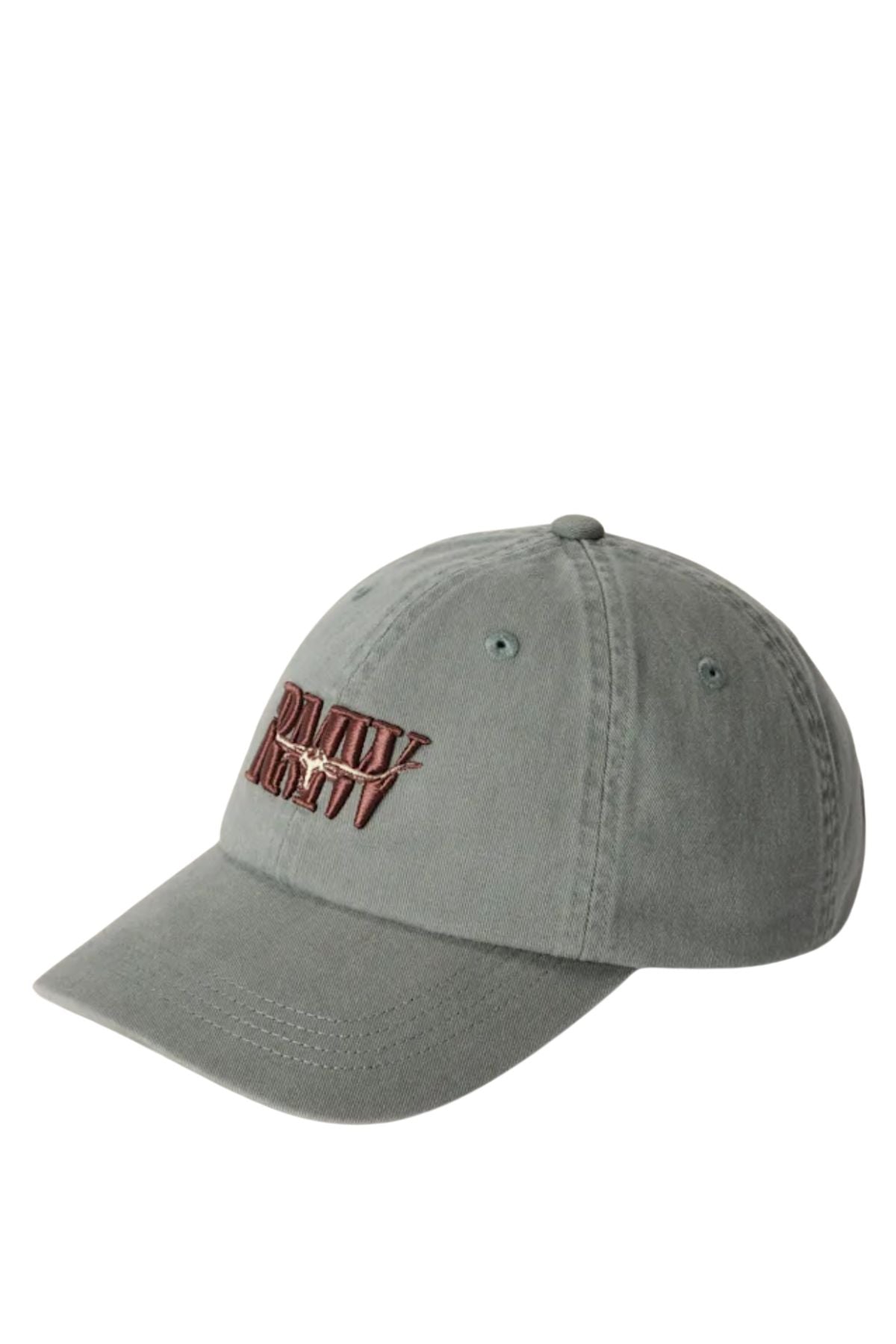 The RM Williams Heritage Twill Cap is a gray cap with a curved brim, embroidered "ARMY ARMY" text in brown and beige on the front, and an adjustable strap for a perfect fit.