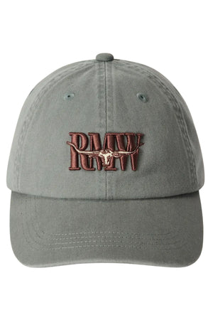 The RM Williams Heritage Twill Cap features a green design with "RMW" and a horned cattle skull embroidered in brown and tan, made from organic cotton and finished with an adjustable strap for a perfect fit.
