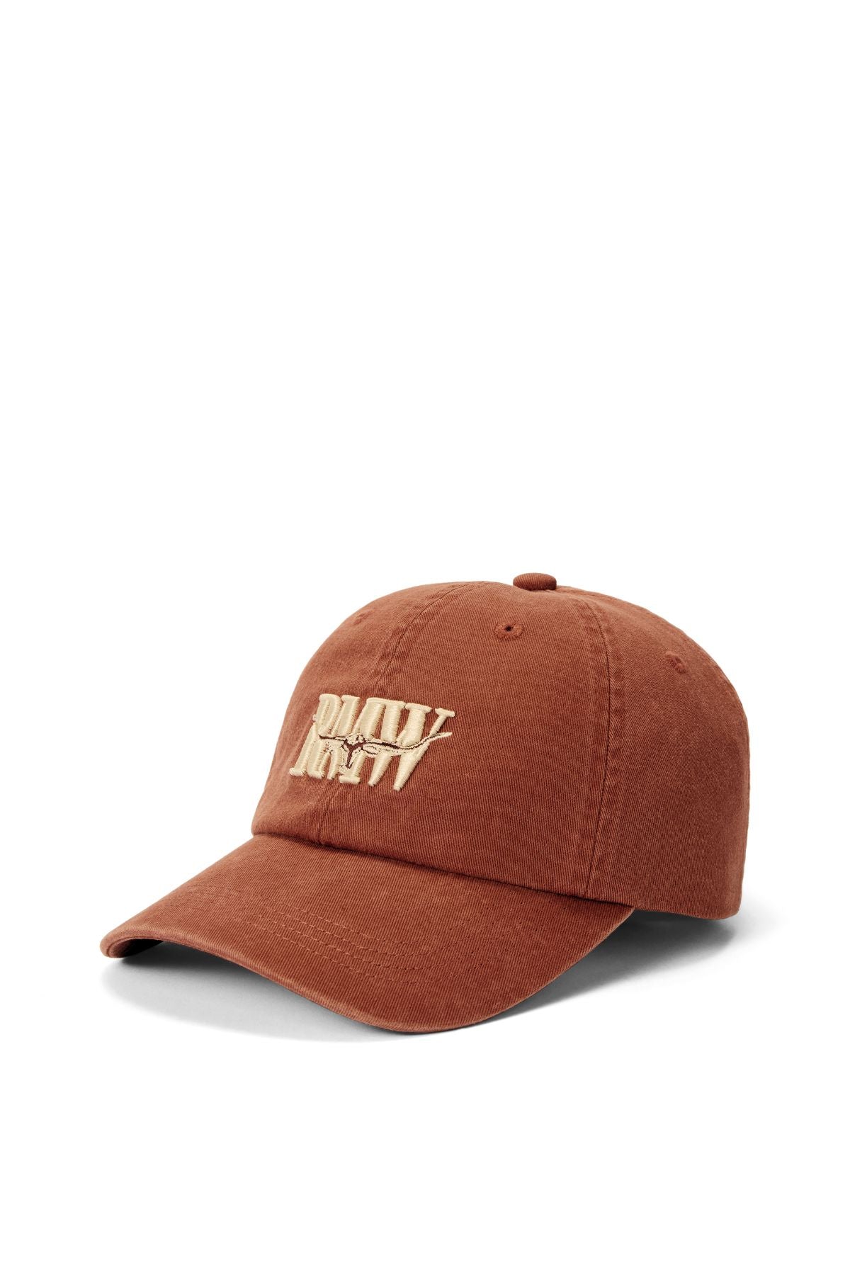 The RM Williams Heritage Twill Cap is made of brown organic cotton and features "PLAY NOW" embroidered in beige on the front, displayed against a plain white background.