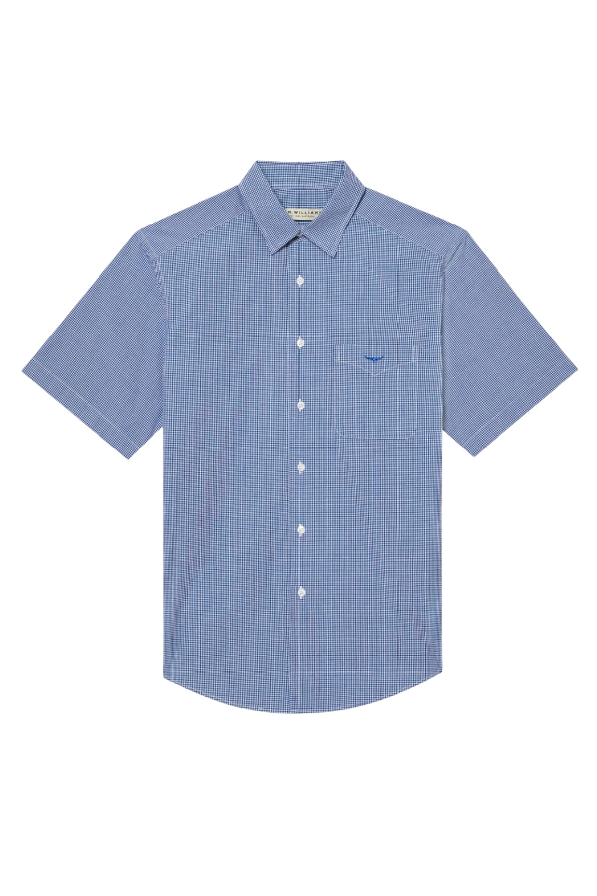 The RM Williams Hervey Shirt is a blue short-sleeve button-up shirt adorned with a subtle vertical stripe pattern. Crafted from breathable cotton, it features white buttons, a pointed collar, and a single chest pocket on the left side. Ideal for year-round wear.