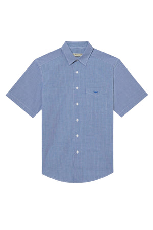 The RM Williams Hervey Shirt is a blue short-sleeve button-up shirt adorned with a subtle vertical stripe pattern. Crafted from breathable cotton, it features white buttons, a pointed collar, and a single chest pocket on the left side. Ideal for year-round wear.