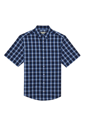 The RM Williams Hervey Shirt is a short-sleeved, button-up shirt with a classic collar. Crafted from breathable cotton, it features a blue and white plaid pattern accompanied by a chest pocket on the left side against a plain white background.