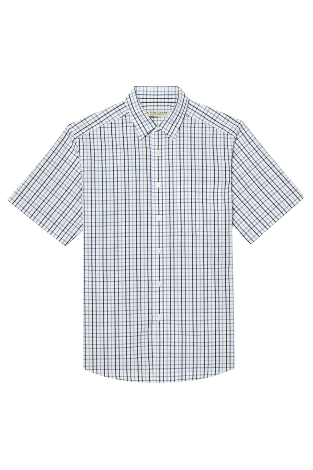 The RM Williams Hervey Shirt is a short-sleeve, button-up cotton shirt with a collar and a blue and black checkered pattern on white. It's breathable, versatile, and displayed flat with no visible wrinkles or creases.
