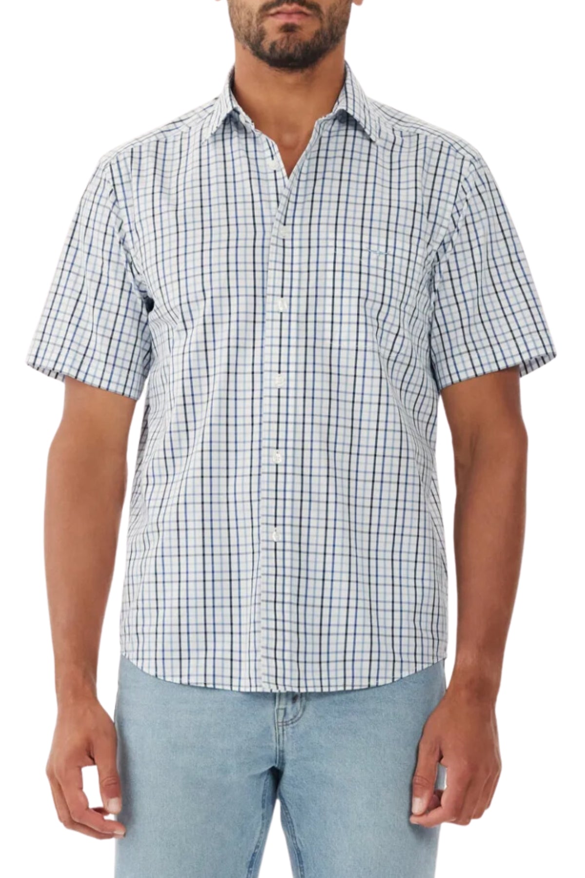 A man wears the RM Williams Hervey Shirt, a short-sleeve, button-up with blue and white plaid in breathable cotton, paired with light blue jeans, standing against a white background.