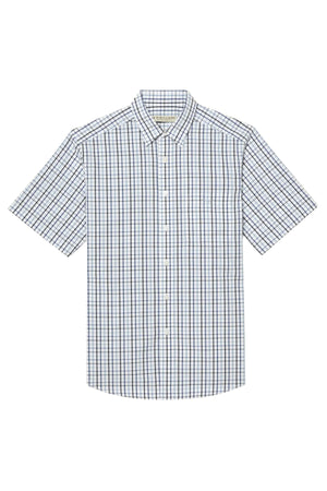 The RM Williams Hervey Shirt is a short-sleeve, button-up cotton shirt with a collar and a blue and black checkered pattern on white. It's breathable, versatile, and displayed flat with no visible wrinkles or creases.
