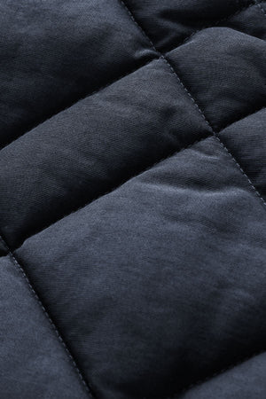 Close-up of the black quilted fabric on the RM Williams Ikara Vest, with visible stitching forming square padded sections. The texture appears soft and thick, typical of slim fit vests and outerwear.