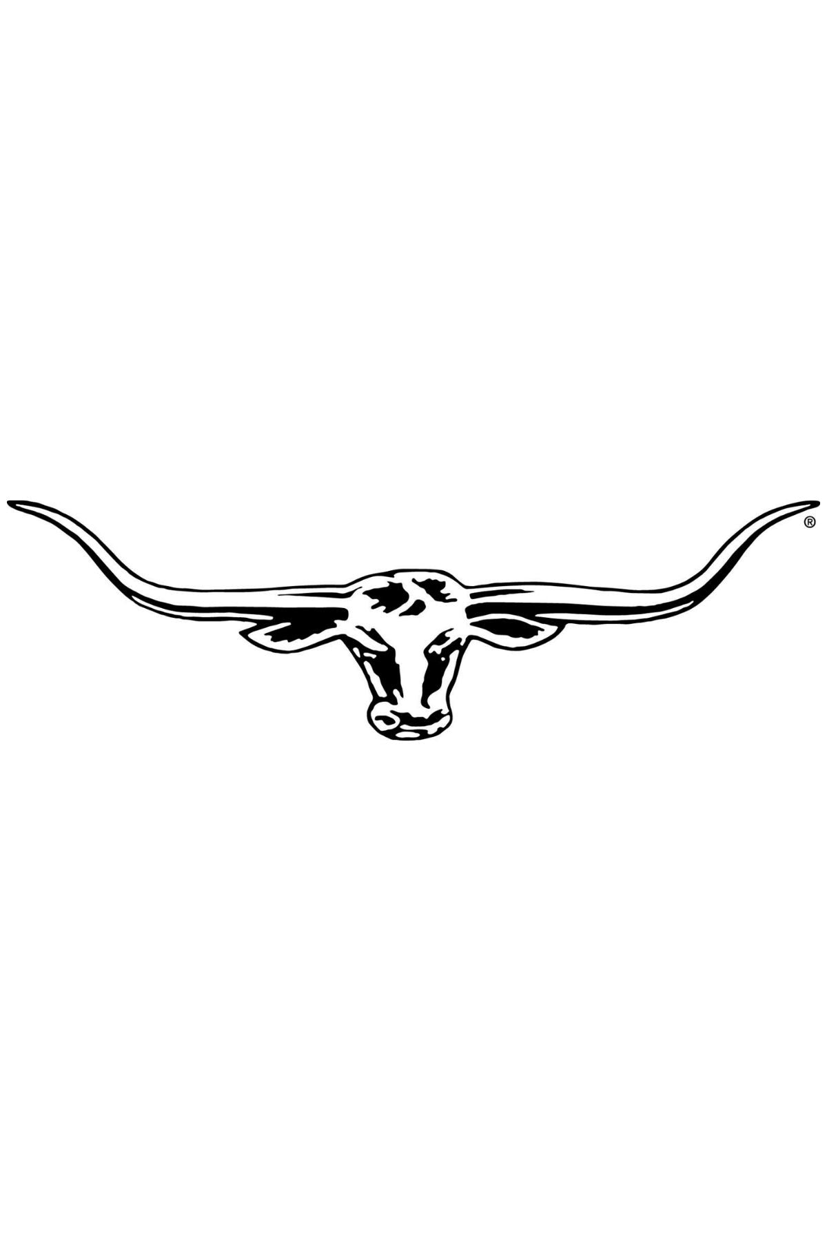 The RM Williams Longhorn 70cm Decal Sticker - Black showcases a black and white illustration of a longhorn steer head. It features elongated curved horns extending outward from either side, with a simple and stylized design reminiscent of an RM Williams motif. The steer faces forward with minimal shading or detail, making it an ideal choice for a 70cm decal.