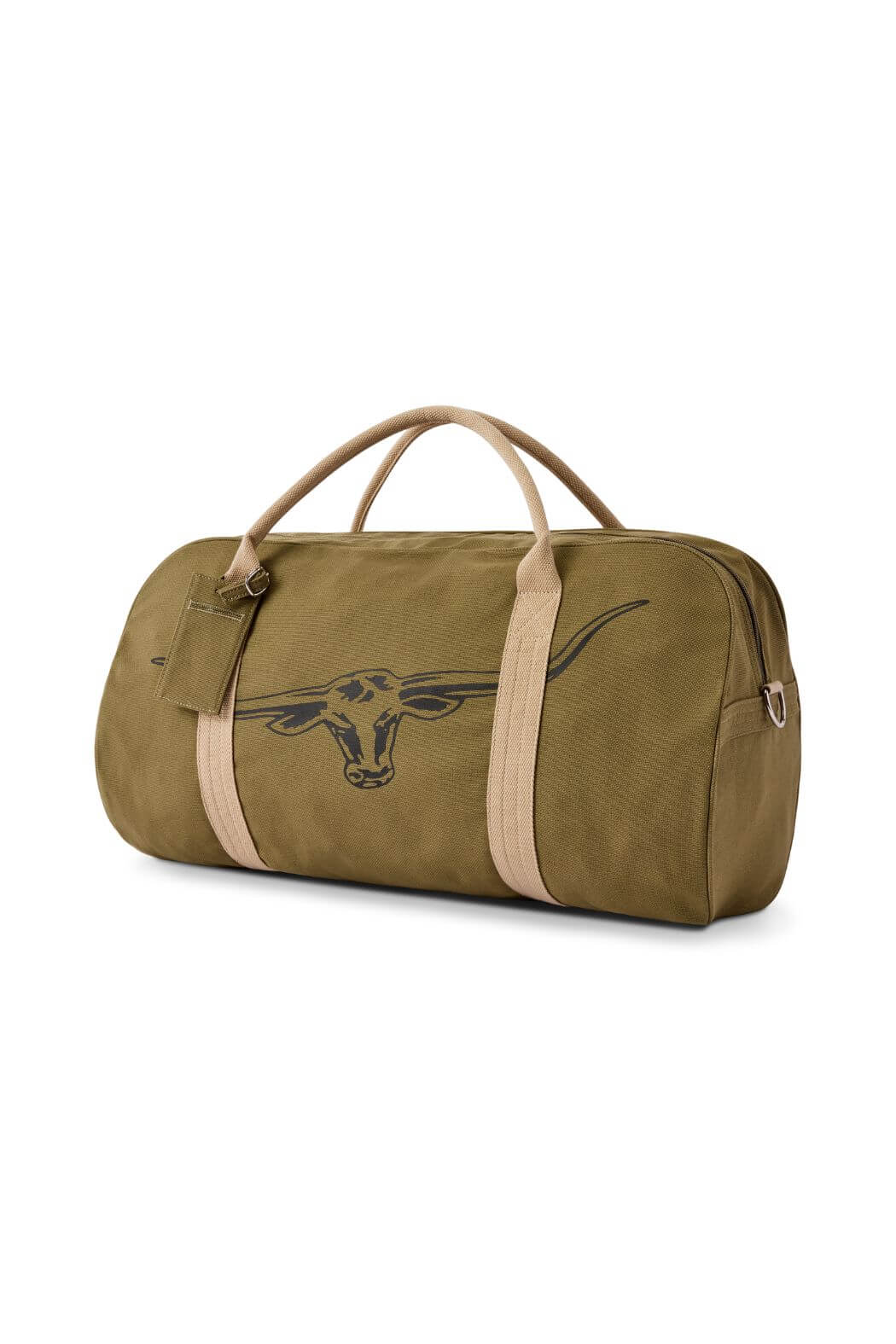 The RM Williams Nanga Canvas Bag is an olive green, durable cotton duffel with beige handles and straps, a bold black longhorn skull outline on the side, and a small pocket with a tag near the handles.
