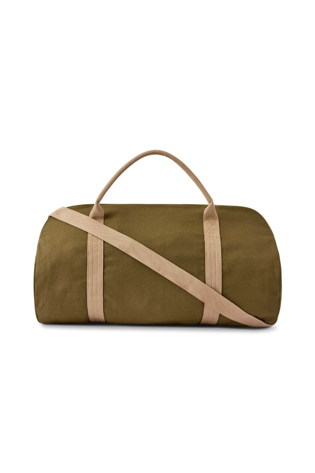 The RM Williams Nanga Canvas Bag is an olive green, cylindrical cotton canvas bag with beige handles and a matching shoulder strap, photographed on a plain white background—ideal as a versatile duffel.