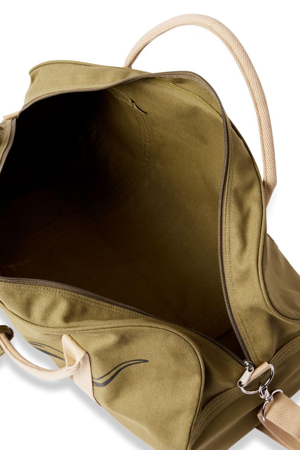 The RM Williams Nanga Canvas Bag is an olive green, multi-purpose cotton bag with beige handles and a zippered top. Shown from above, its empty interior highlights its durable design—perfect for everyday use.