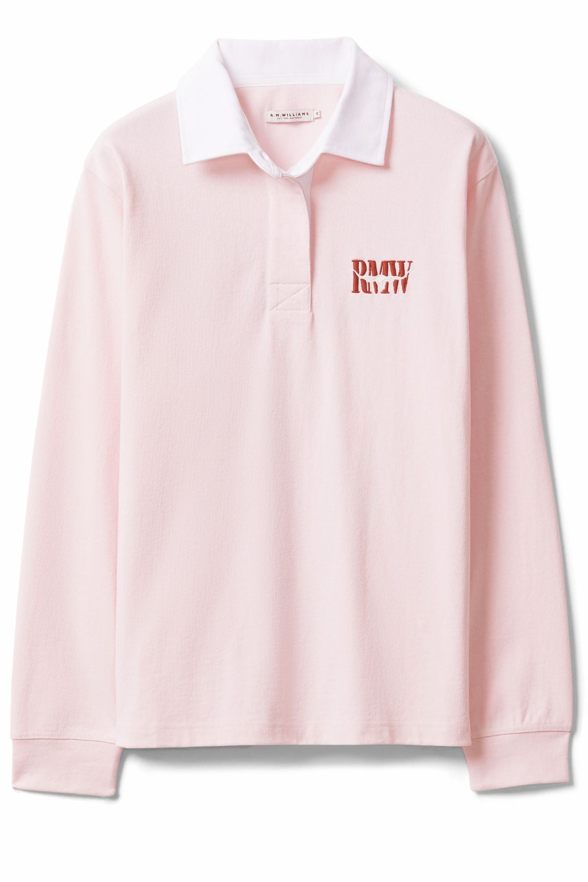 The RM Williams Narran Heritage Rugby is a light pink organic cotton long-sleeve shirt with a brushed twill white collar and a small red "RAW" logo on the left chest.